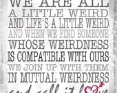 Love Weird Anniversary 5x5 Greeting Card-word art prints-Shabby Chic black white pink teal word art