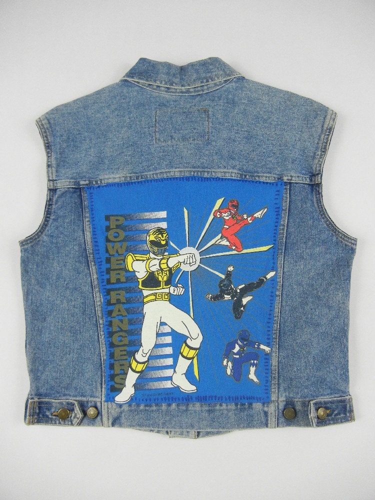Vintage Upcycled Denim Vest, Power Rangers, Size Medium, 90's, Tumblr, Cartoon, Movie, Quirky, OOAK