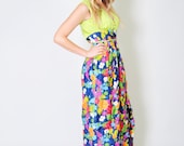 Vintage Floral Maxi Dress 70s Plisse NEON Maxi Sleeveless Dress XS S 70s Futura Couture of New York