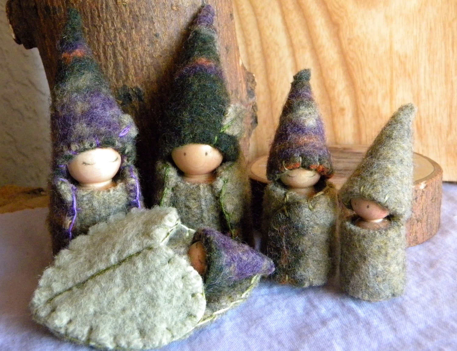 Waldorf Gnome Family Playset, Forest Family Play set, Waldorf Doll house, Tree House Family, purple, hunter green, sage green, gnome baby
