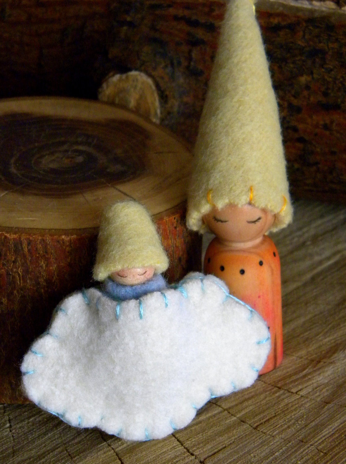 Waldorf Gnome, Mama & Baby Play set, Baby peg doll, Sunshine, cloud baby, Summer, yellow, orange, light blue