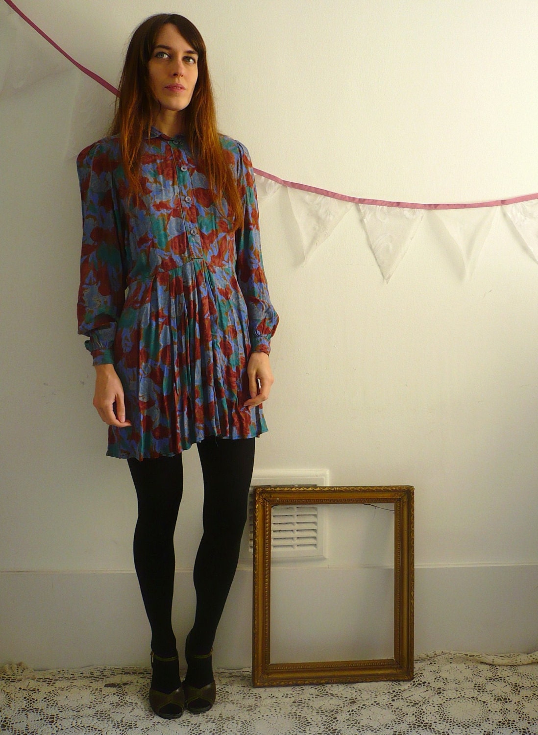 Vintage Long Sleeve Grunge Floral Print Mini Dress Size Small