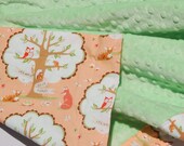 Fox and Owl Baby Blanket Blanket - Les Amis with Light Green Minky Bubble Dot Baby Blanket- Ready to Ship