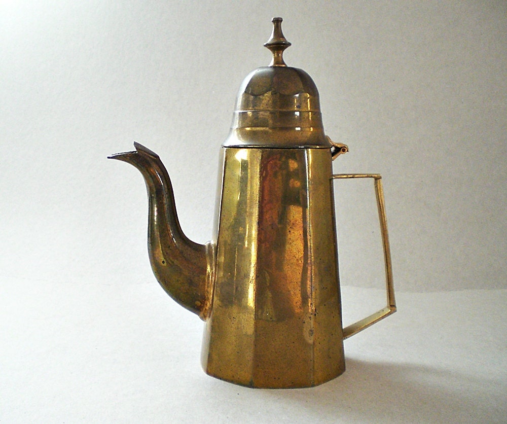 Vintage Brass Coffee Pot Tall Metal Teapot by vintagebiffann