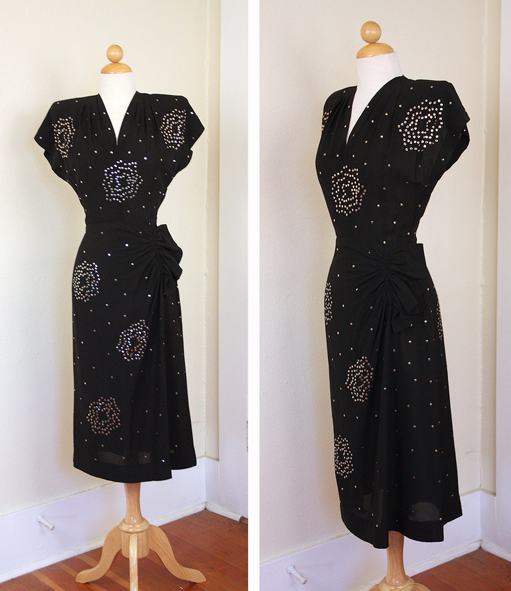 MINT 1940's Inky Black Rayon Hourglass Draped Sarong Style Cocktail Dress w/ Silver Metal Stud Detailing - Shoulder Pads - VLV - Size M