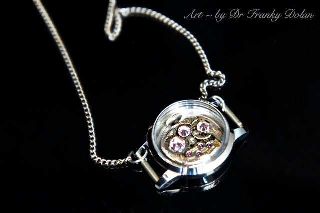 The Pink Trio Watch Movement Necklace by Award - Winning Fae Factory Steampunk Chic Eco Artist, Dr Franky Dolan  (Original jewelry art)