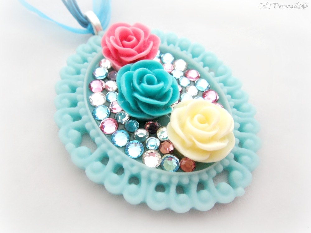 Pastel romantic flower decoden necklace, rhinestone necklace, gift for her
