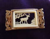 1920s brooch / Art Deco French Ivory celluloid Deer woodland scene Brooch