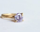 Lavender Solitaire Brass Prong Ring with Violet Cubic Zirconia Modern Look T10