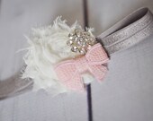 Girls Headband, Pink and Grey Headband, Toddler Headband, Flower Girl Hair Band, Spring Headband, Newborn Headband, Newborn Photo Prop