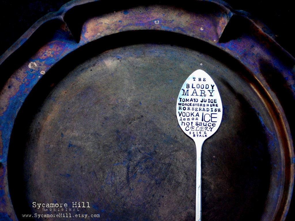 THE BLOODY MARY Cocktail Recipe Poster Art Style Stirrer - Tall  Flattened Silver Spoon  by Sycamore Hill,  The O R I G I N A L