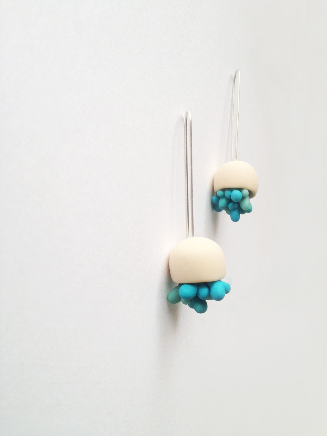 minimal abstracted organic cute earrings ''White pods with teal succulents''
