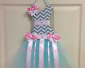 Chevron Tutu Dress Hair Bow Holder Pink White Aqua Grey