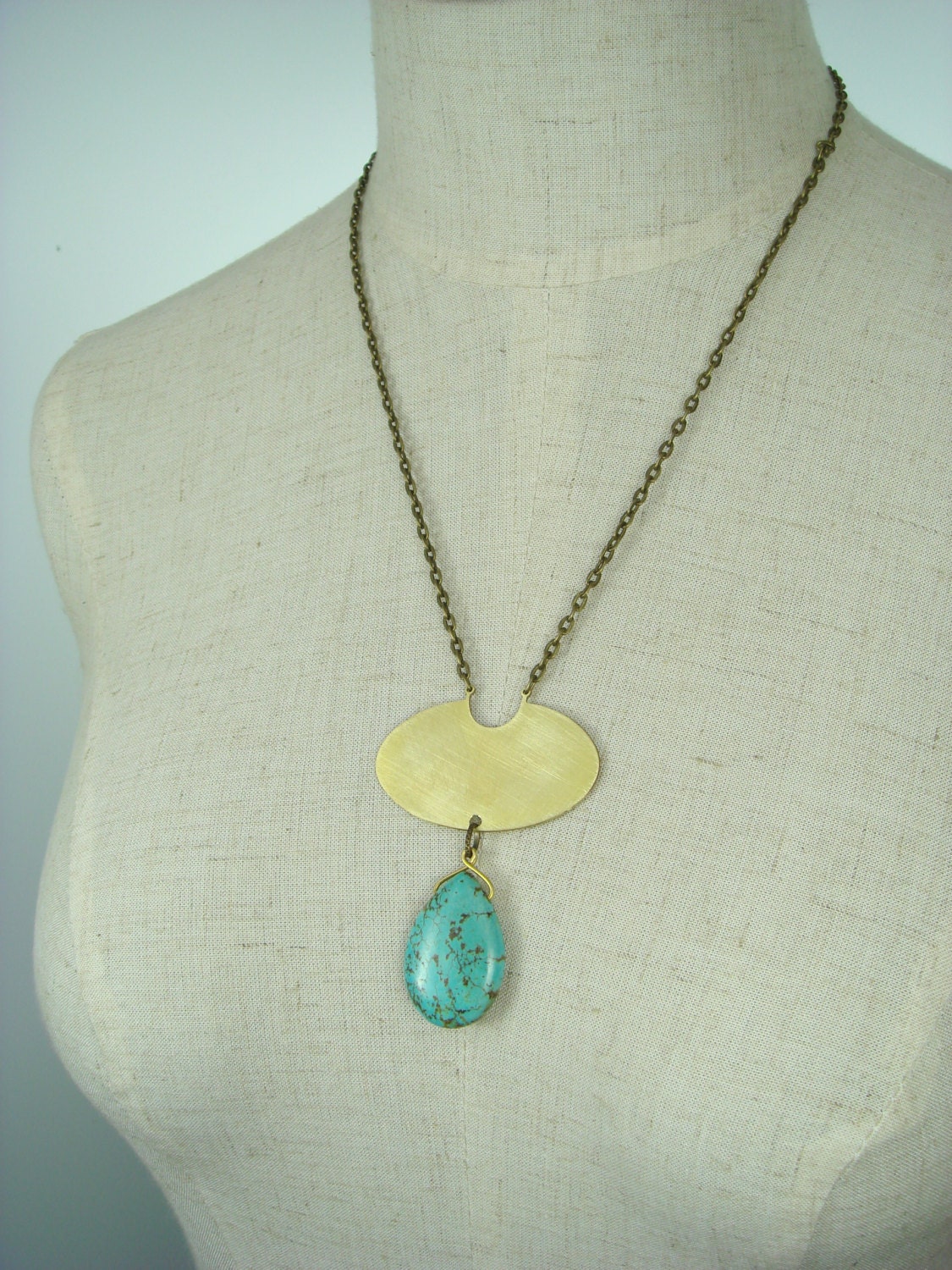 Turquoise Drop Necklace with Raw Brass, Gold and Turquoise Pendant, Boho Necklace, Simple Metal and Stone Design, Handcrafted Metal Jewelry