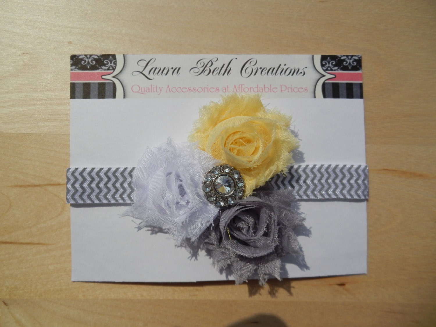 Triple Mini Grey/Pale Yellow/White Chevron Shabby Chic Rose Headband - Infant Headband - Newborn Headband - Children's Headband
