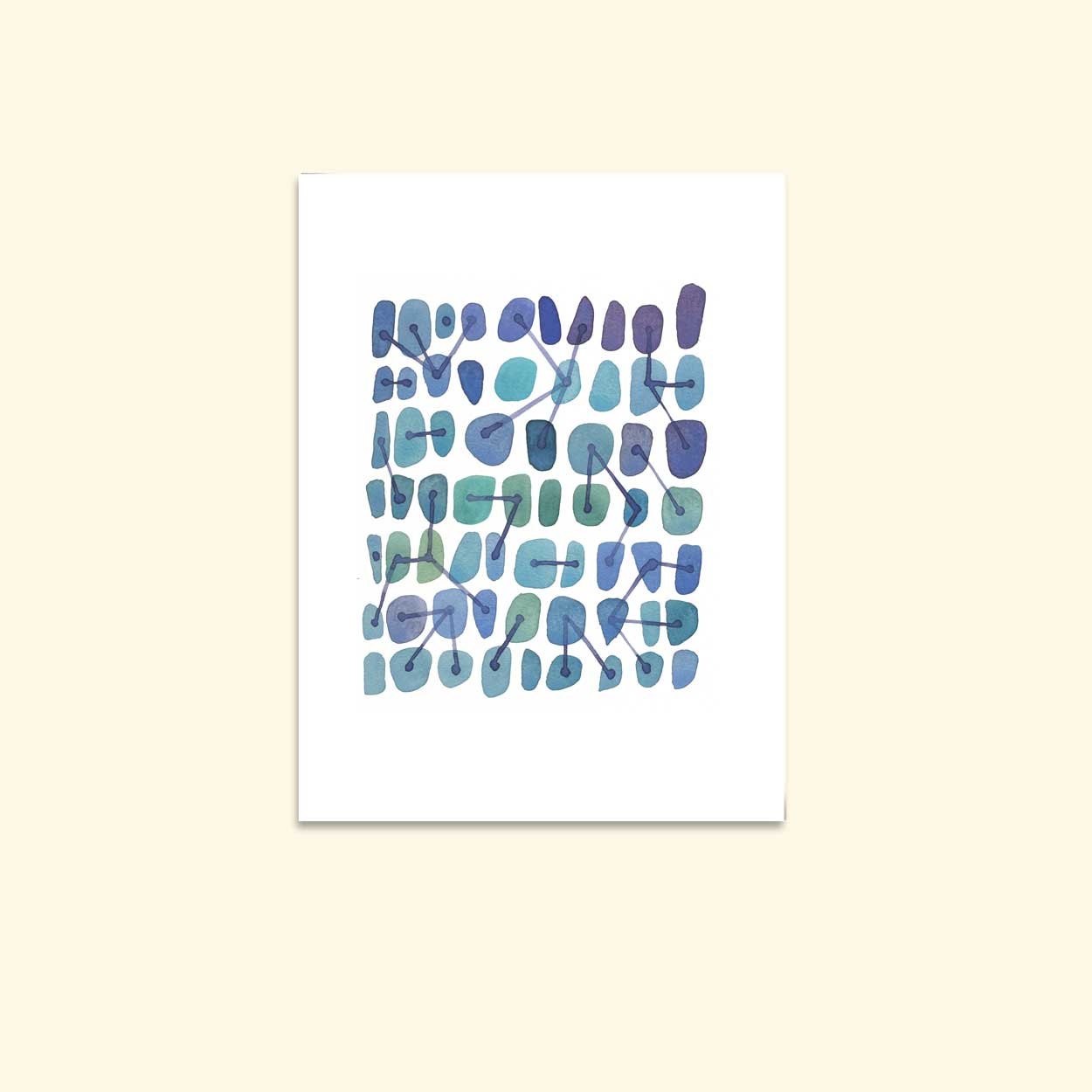 Blue Connections - Original watercolor painting - emerald  blue spots dots connected by geometric lines - abstract painting