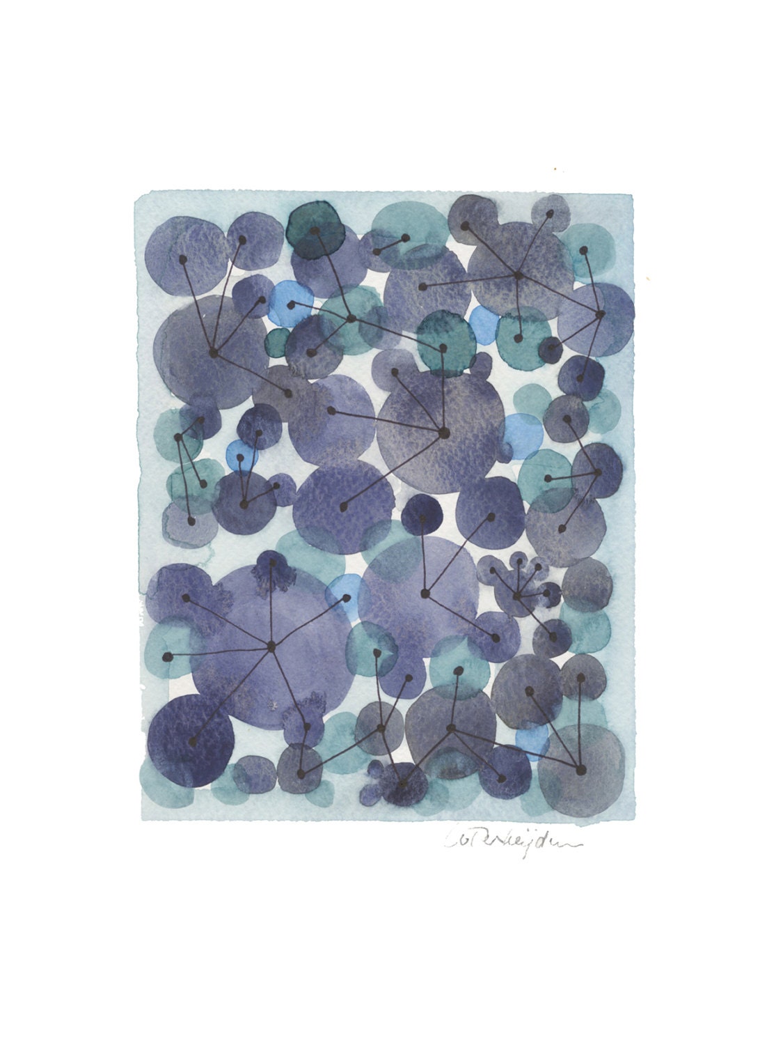 Constellation indigo Blue dots - Original watercolor painting -blue circles connected by geometric lines Abstract painting