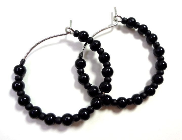 Modern Black Beaded Hoop Earrings