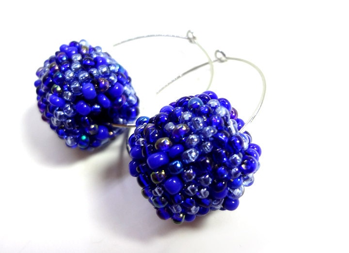 Dark Cobalt Blue Beaded Bead Hoop Earrings - MegansBeadedDesigns