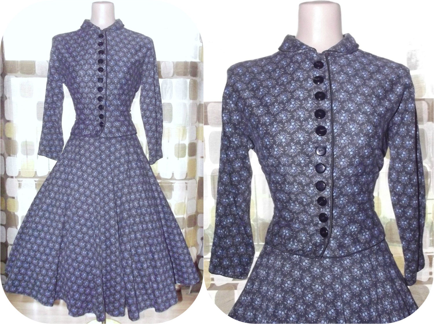 Vintage 50s L'AIGLON Victorian 2pc Dress Set Circle Skirt & Jacket Blouse Blue Calico Floral