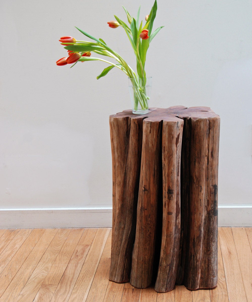 Rustic Cedar Side Table Tree Stump Stool Catskill Mountain Wood Indoor Outdoor Furniture