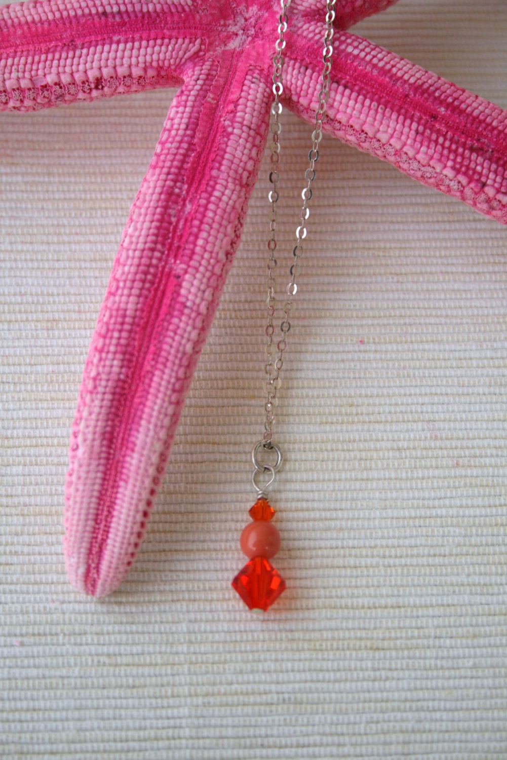 Bright Orange Swarovski Crystal and Coral Swarovski Pearl Pendant on 18" Sterling Silver Chain