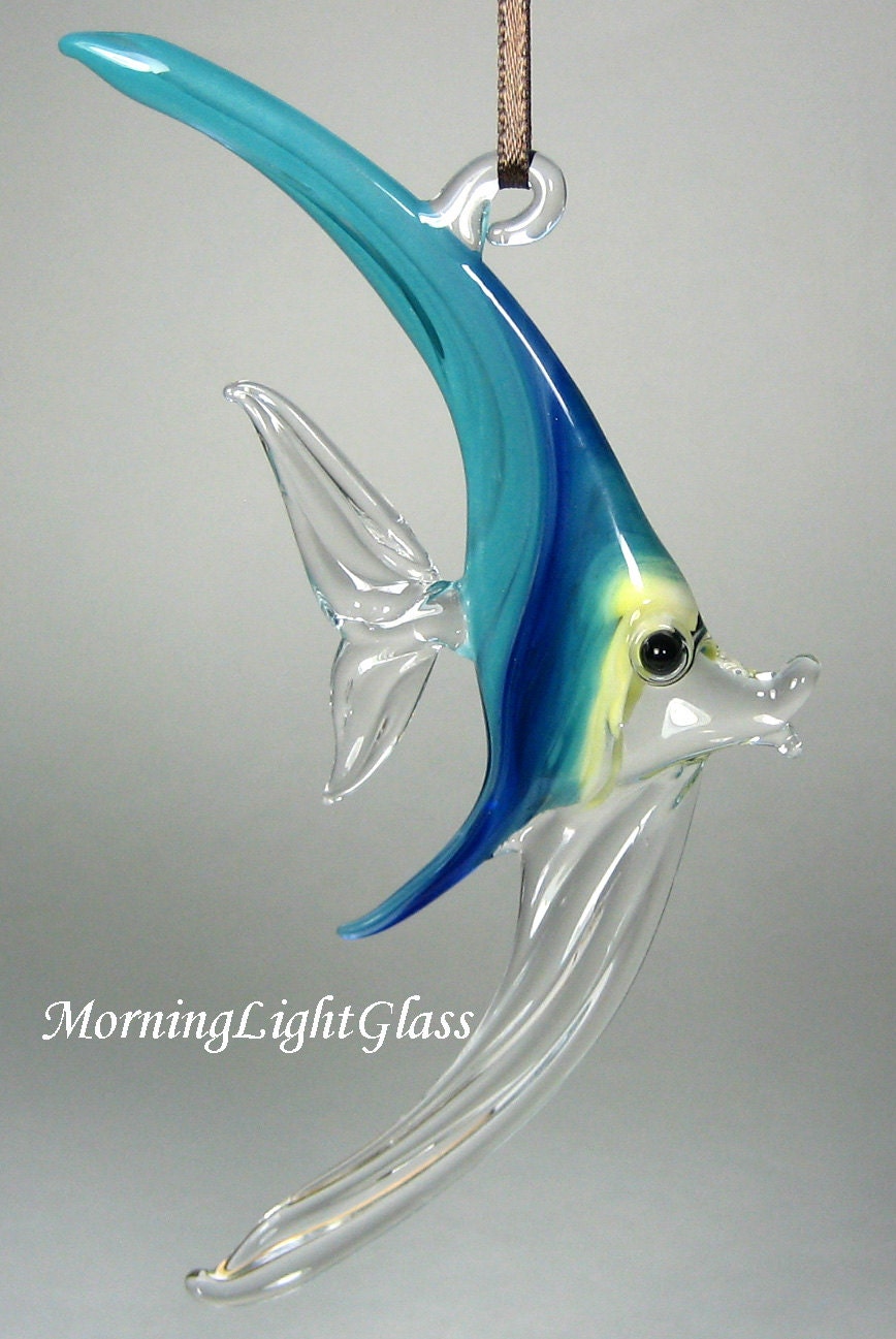 Glass Fish Ornament, Teal, Yellow, Cobalt Stripes
