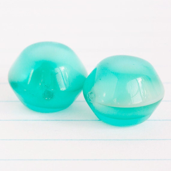 Czech Glass Flat Sided Round Beads - Blue Green Teal / Milky White (8mm x 11mm) x 4
