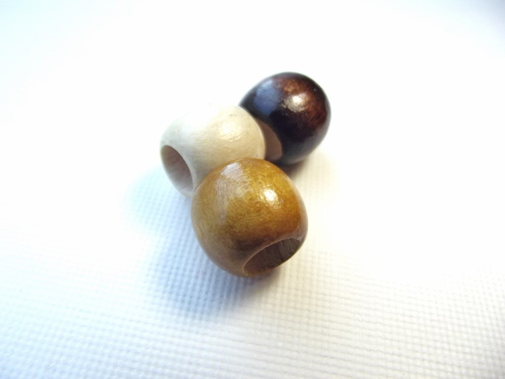 Dread Bead Set - Three Small Wood Dread Beads - Pale, Light Brown, Dark Brown  - 6mm Hole