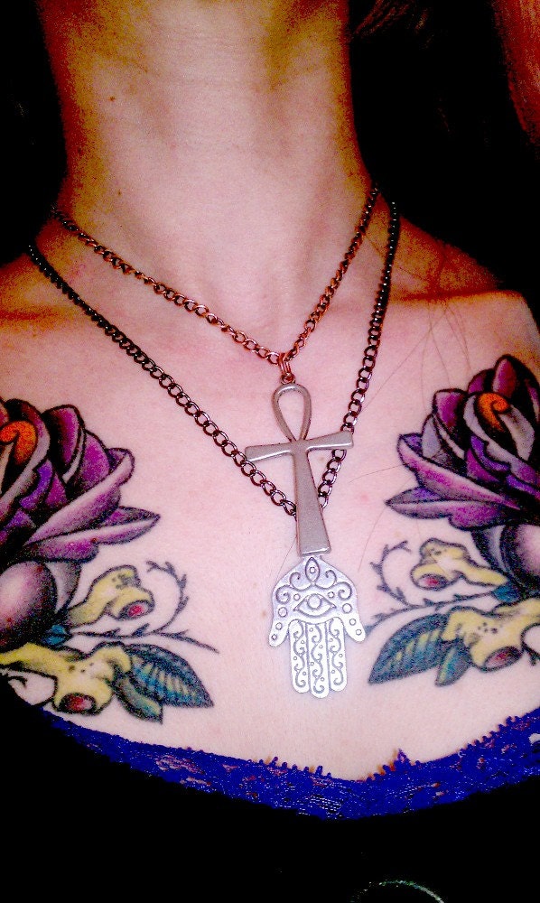 Hamsa Reversible Pewter Amulet Necklace/ Silver lead free/ Gothic Metal chain