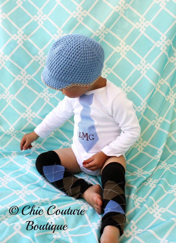 Children's Clothing Mother's Day Spring Baby Boy Plaid Monogrammed Personalized Tie Onesie & Leg Warmers SET. Blue and Brown Gingham Argyle