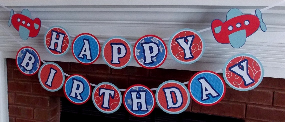 Airplane Happy Birthday Banner ... Flying High Banner ... red  blue ... MADE TO ORDER ... panels adjustable
