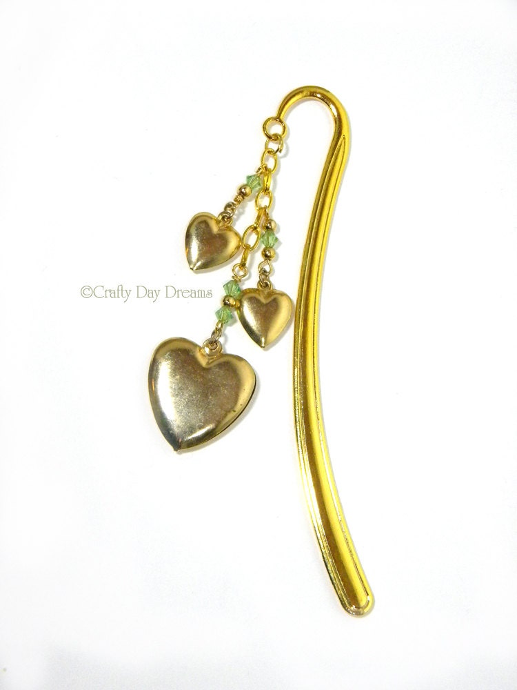 Gold Puffy Heart Bookmark Beaded with Swarovski Crystals