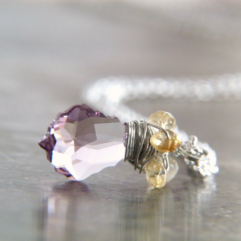 Wire Wrapped Amethyst Swarovski Crystal Necklace - Swarovski and Citrine Wirewrapped Pendant Necklace - Baroque Swarovski Purple Necklace
