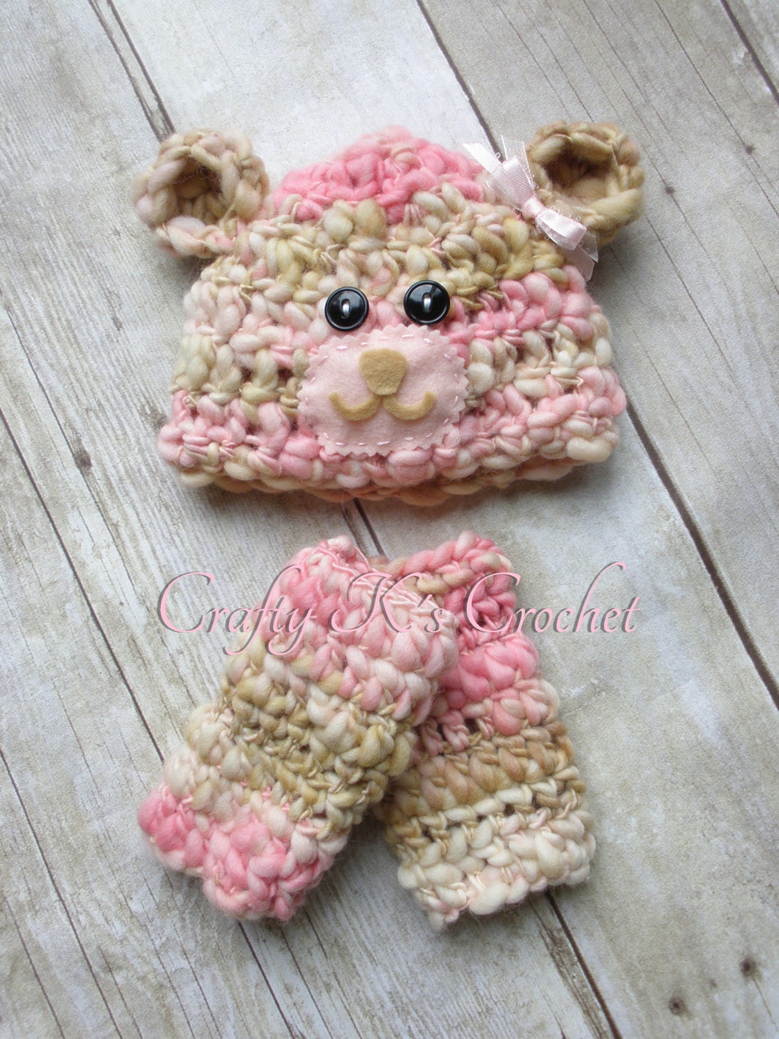 Newborn Baby Girl Teddy Bear Hat and Leg Warmers Photo Prop Set in Pink and Beige - READY TO SHIP