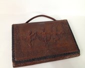 Vintage 1930s Italian Art stamped leather clutch purse Spanish Craft Bag cherub motif