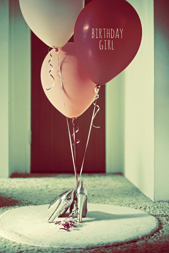 CARD "Birthday Girl" Original 6" x 4" Photo Mounted on Nice Thick Card Stock. Birthday Card, Balloons, Pink, Silver, Shoes, Retro, Female