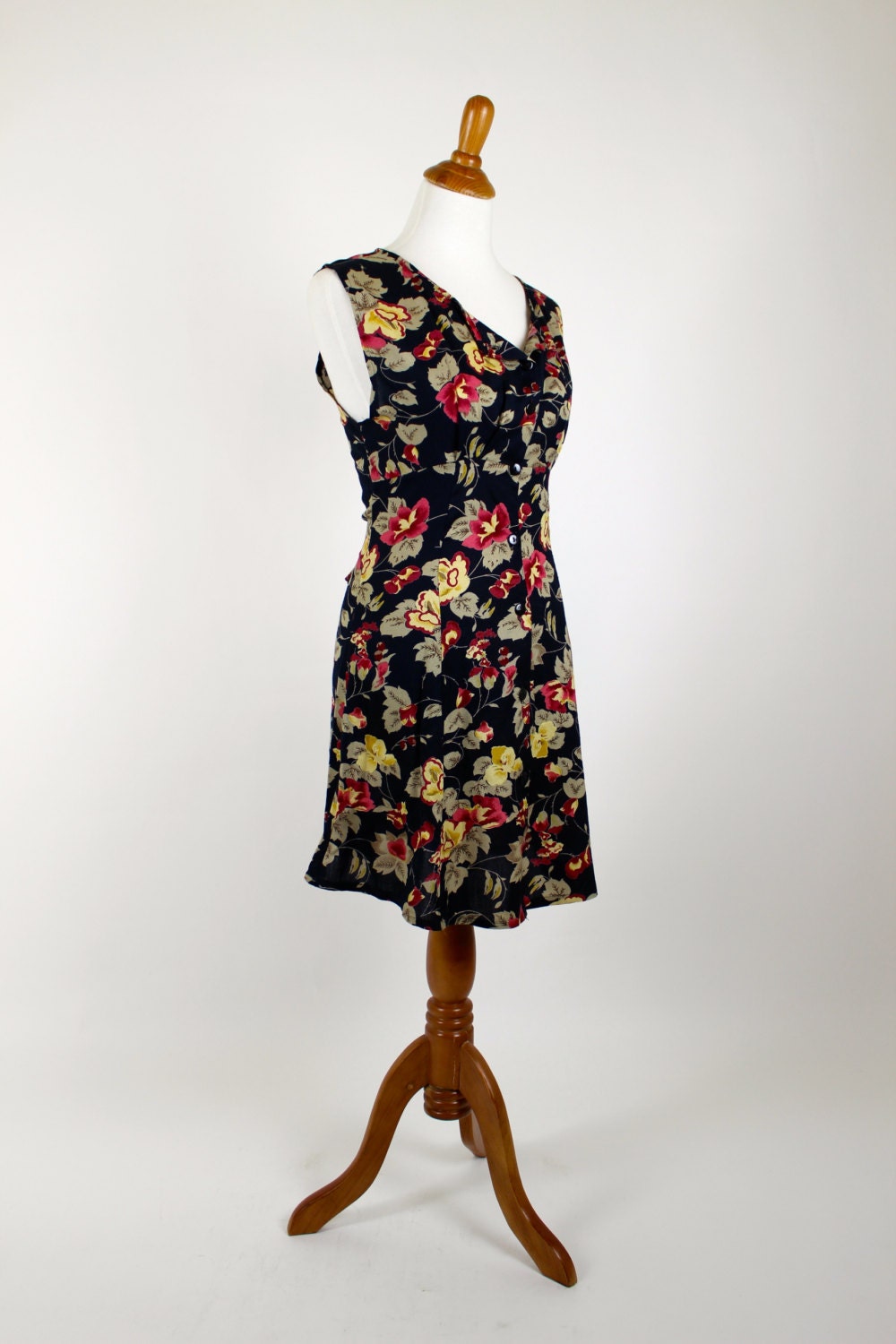 Vintage 1990's Knick Knack Dress - Black Sleeveless Dress w/ Multi-Color Floral Pattern - L