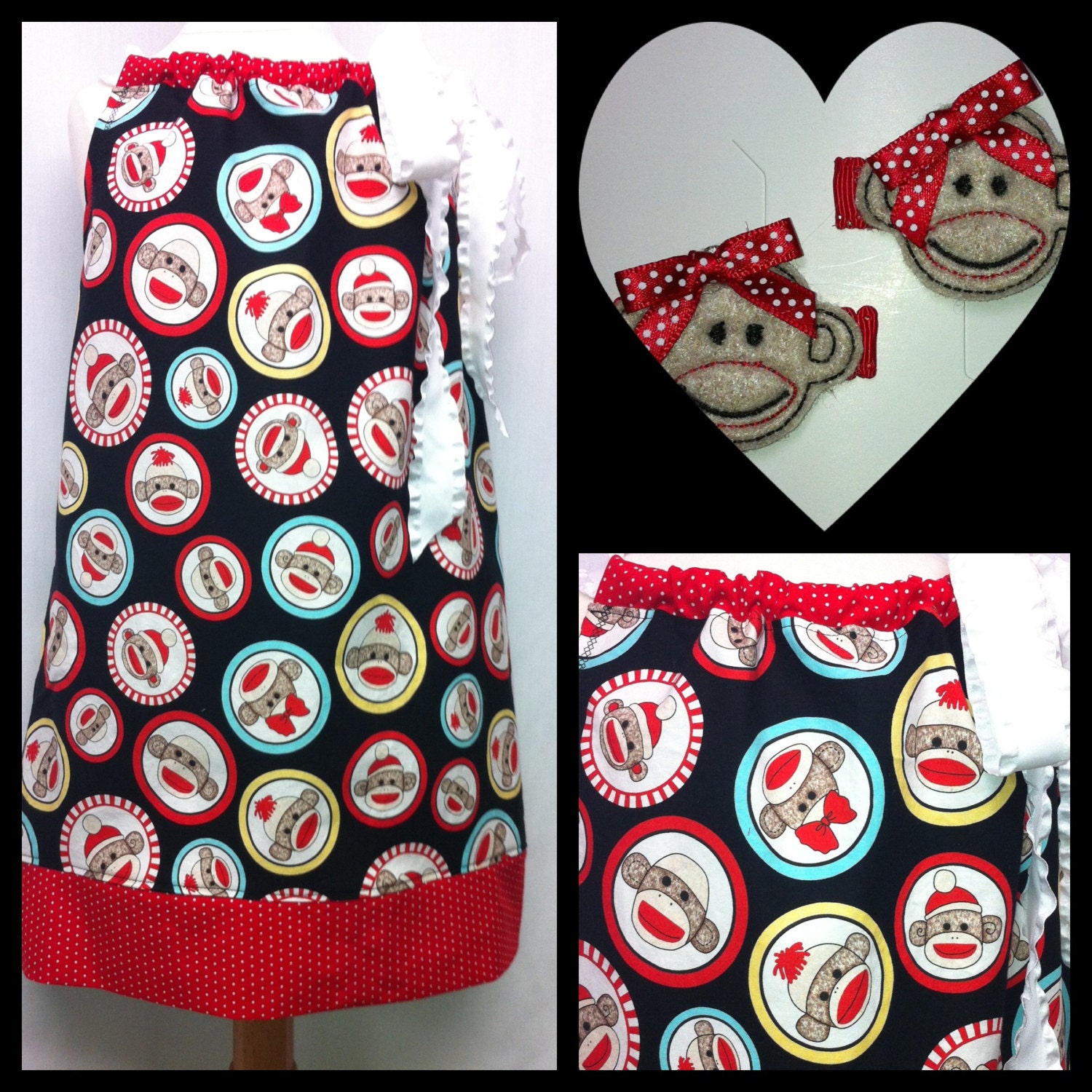 Handmade Sock Monkey Dress with Coordinating Hair Clips Sizes 6 Months - 14