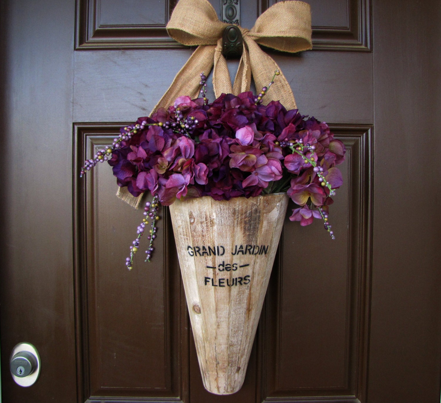 Purple Hydrangea and Berries Bouquet in French Bucket with Burlap Bow, Spring Time Wreath, Rustic Bucket with French Script and Burlap
