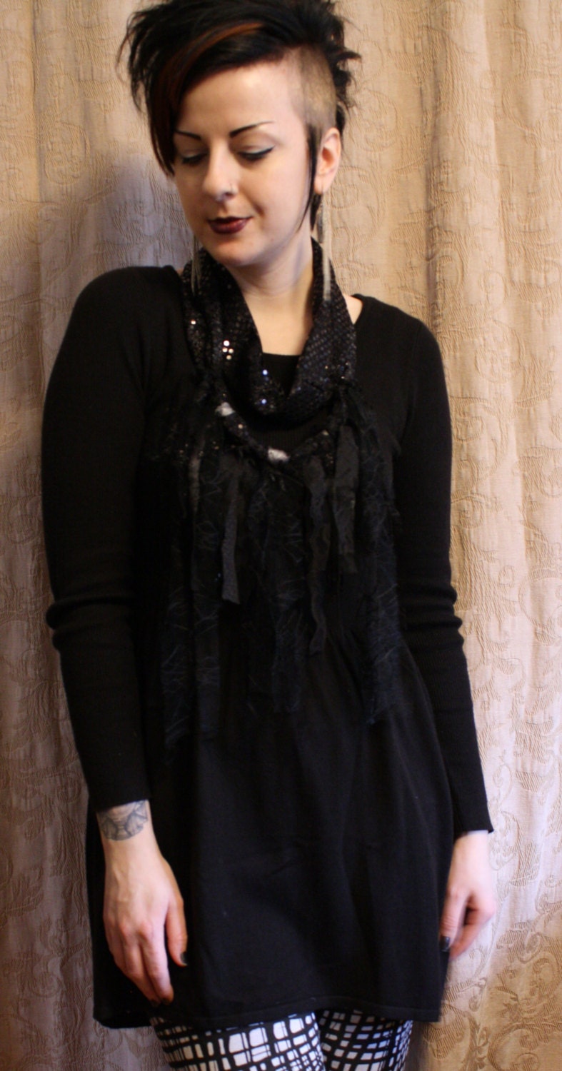 Black Sequined Cowl Infinity Scarf  Goth Accessory Distressed and Tattered