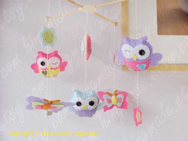 Owl Mobile - Baby Crib Mobile - Girl Nursery Mobile - Butterfly Mobile- Hot Pink Owls play with Lavender Butterflies(You can pick colors)