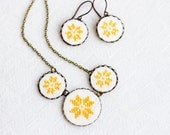 Cross stitch jewelry set - necklace and earrings with golden yellow ethnic ornament in bronze