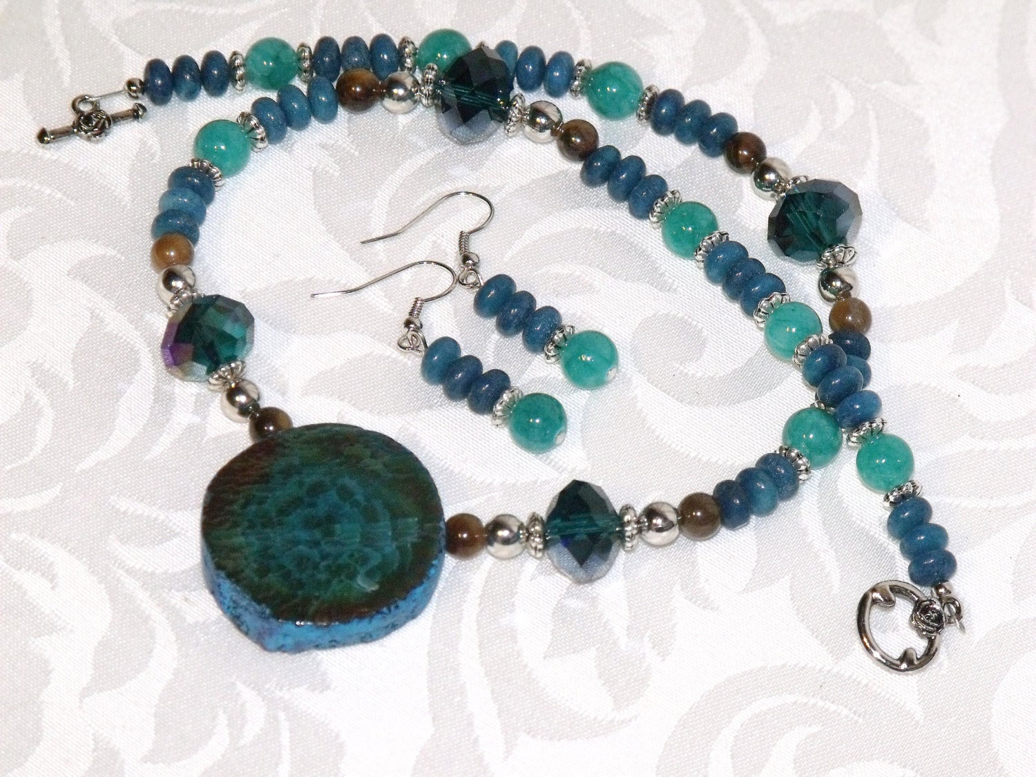 Turquoise Teal and Brown Stone Bead Necklace and Earrings - Spring 2013 Colors
