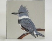 Original Painting Bird Art  8x8 painting Kingfisher home decor ornithology gray blue