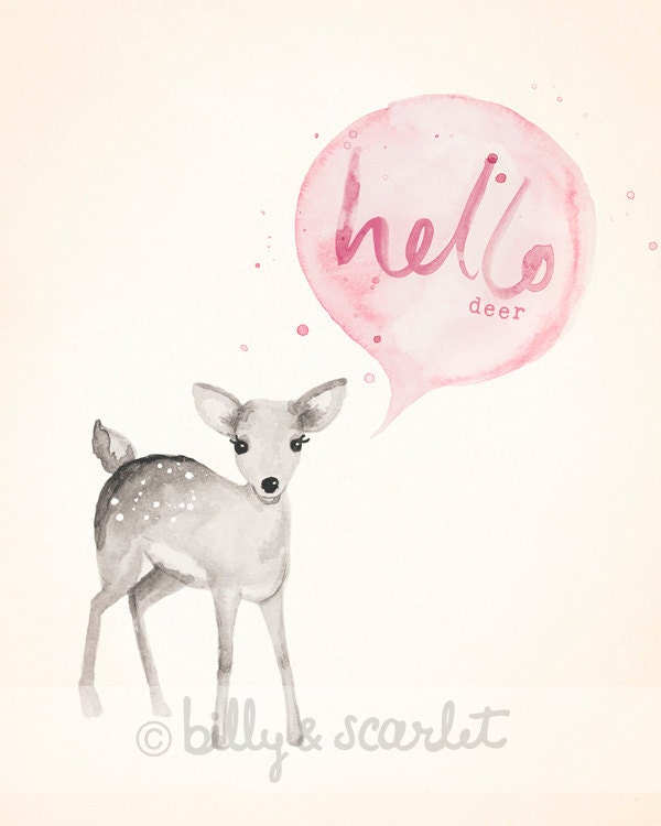 Baby Girl Nursery Decor 'Hello Deer' Print 8x10 - Light Pink Shabby Chic Nursery Decor, Woodland Nursery Watercolour Illustration
