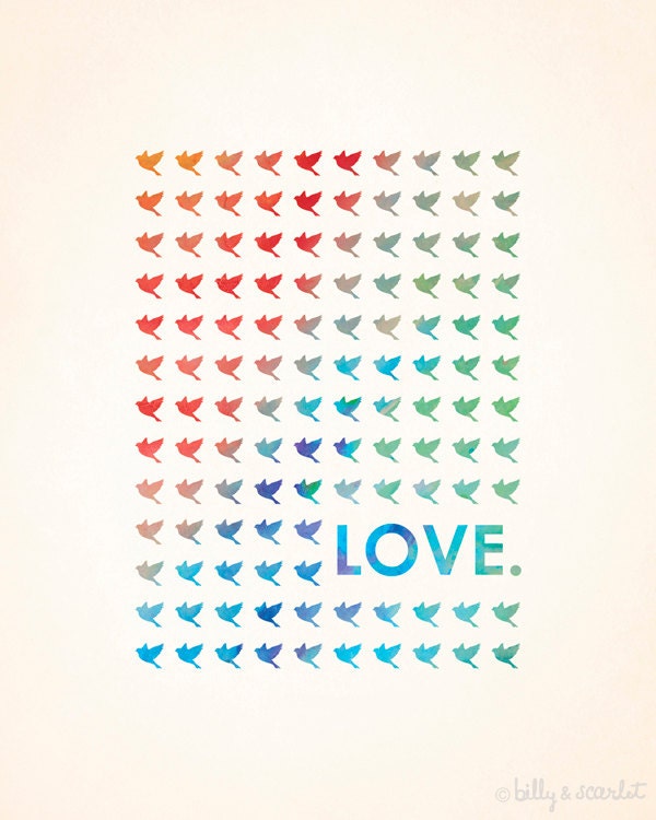 Love Typography 'Love Birds' Digital Art Print - 8x10 Vintage Style Love Birds with Rainbow Watercolor Details - Wedding or Engagement Party