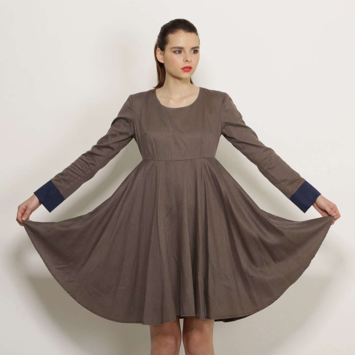 Beige Cocktail Dress mini dress, women's round neck Bridesmaid Dress long sleeve dress spring fashion