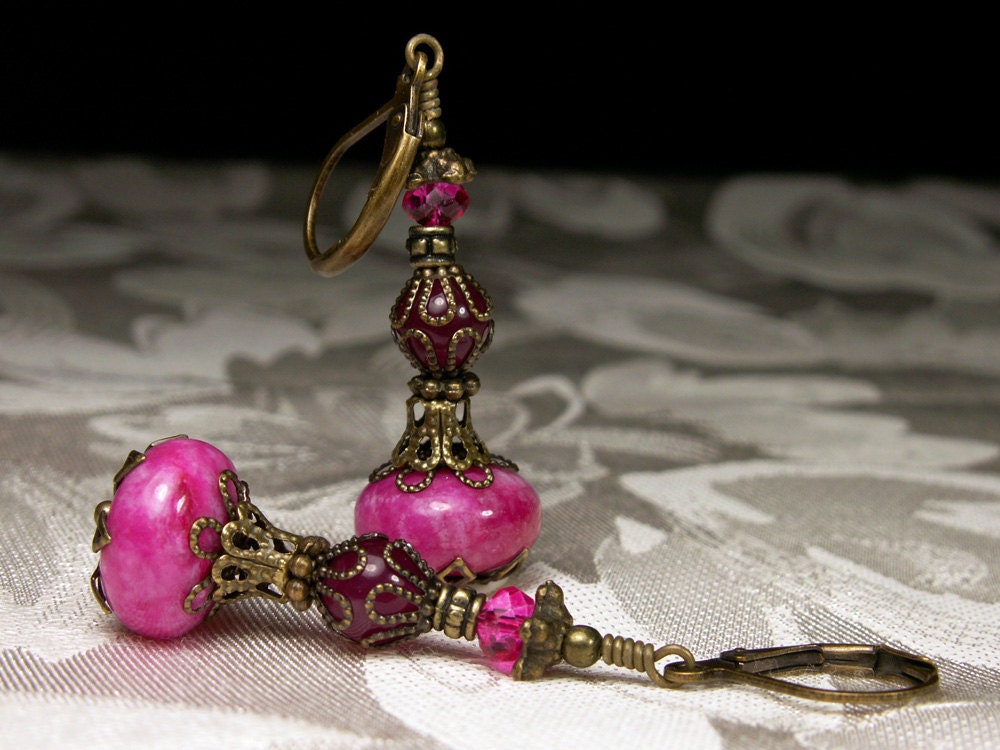 Fuchsia Hot Pink Turquoise Jeannie Bottle Earrings Steampunk Jewellery Antique Vintage Victorian Style