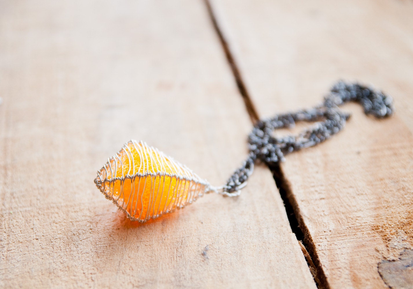 Cage Necklace Pendant - Diamond -  in Champagne with Neon Orange Tulle